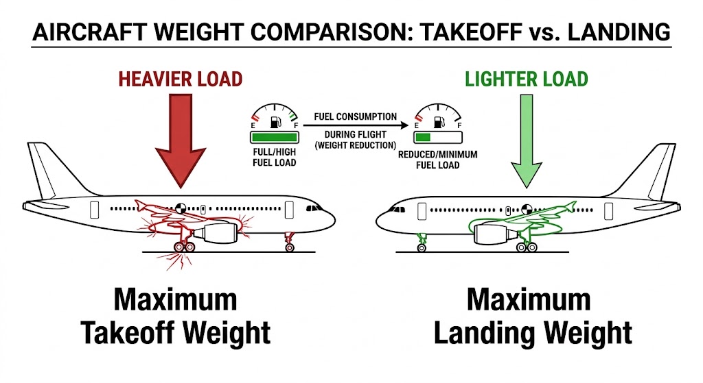 Diagram comparing Maximum Takeoff Weight and Maximum Landing Weight showing structural stress difference and fuel dump necessity