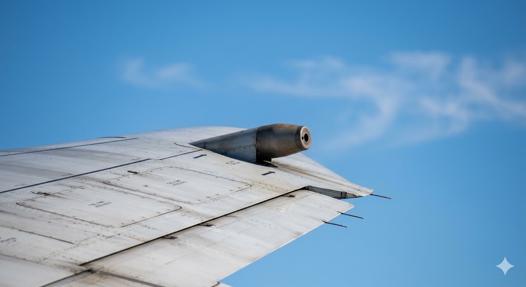 Close-up of fuel dump jettison nozzle on commercial aircraft wing trailing edge used during fuel dump procedure