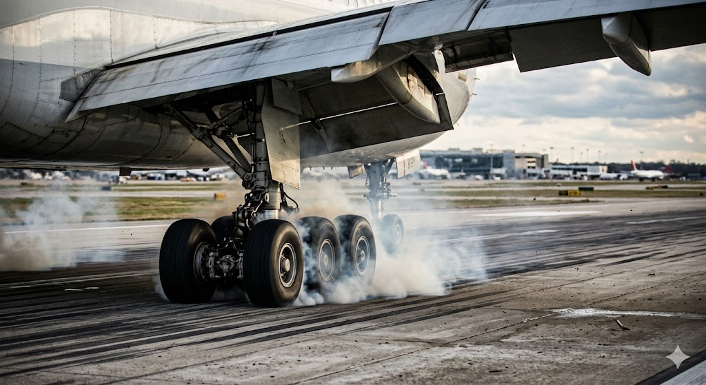 Commercial aircraft main landing gear touchdown showing structural stress relevant to overweight landing without fuel dump