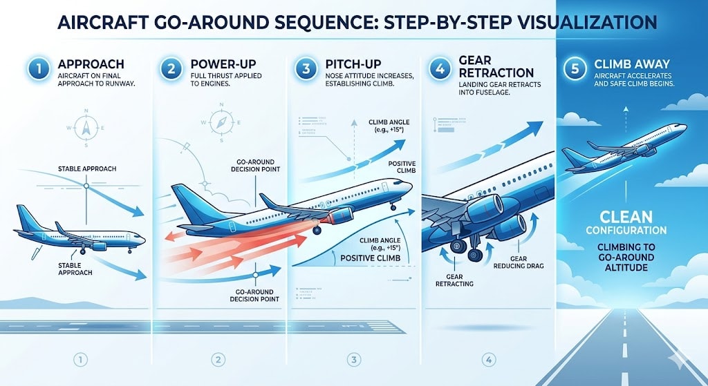 Infographic showing go-around procedure sequence: approach, engine power up, nose pitch up, gear retract, aircraft climbing away