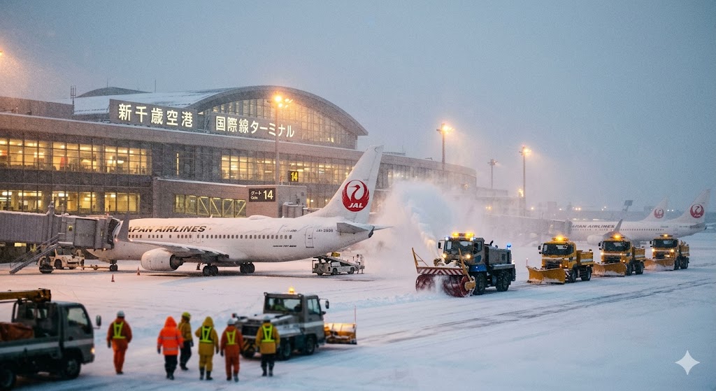 Japanese airport during heavy snowfall with snow removal equipment, commercial aircraft at gates, and thick snow reducing visibility
