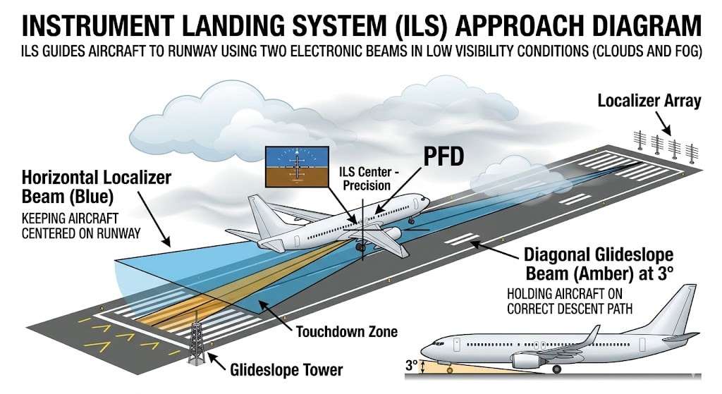 Technical diagram showing ILS localizer and glideslope beams guiding an aircraft during landing in fog