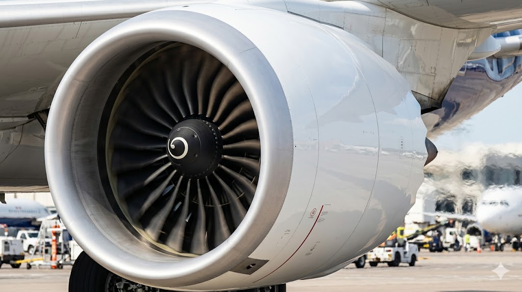 Close-up of running commercial turbofan jet engine with spinning fan blades showing the source of changing airplane sounds during flight