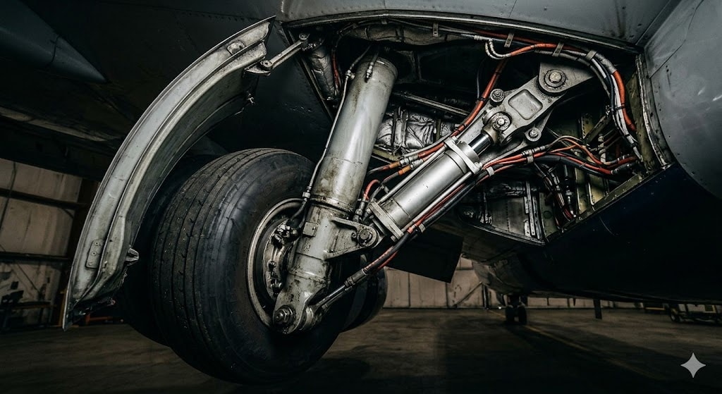 Aircraft landing gear assembly retracting into wheel well with hydraulic actuators visible, explaining the thunk airplane sound after takeoff