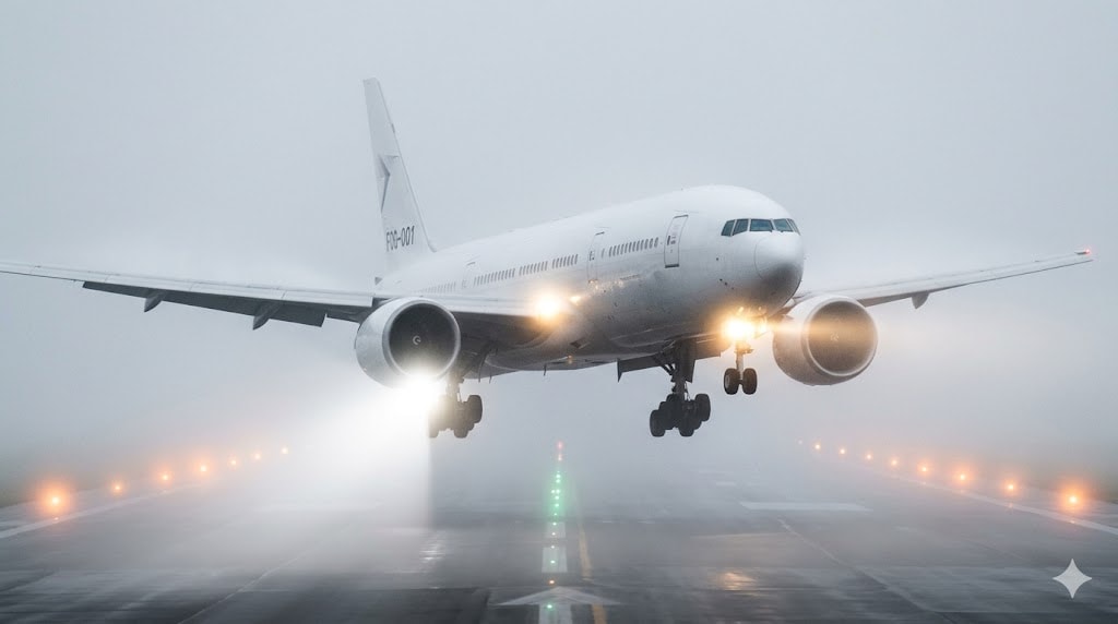 Commercial aircraft emerging from dense fog on final approach during a landing in fog with runway lights glowing through the mist