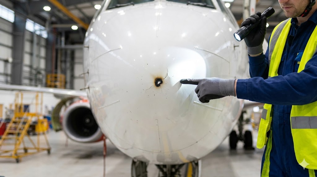 Maintenance engineer inspecting minor scorch marks on aircraft nose radome after airplane lightning strike, damage visibly minimal