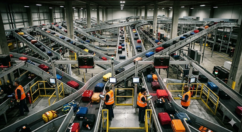 Airport automated baggage sorting system with conveyor belts and laser scanners processing thousands of bags to prevent lost luggage