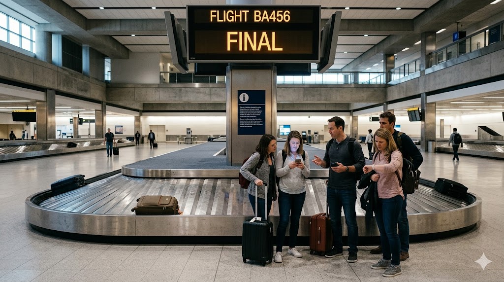 Passengers at empty baggage claim carousel experiencing lost luggage situation after flight arrival