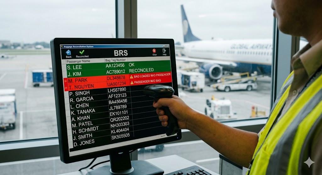 BRS Baggage Reconciliation System screen showing passenger bag matching used to prevent security-related lost luggage