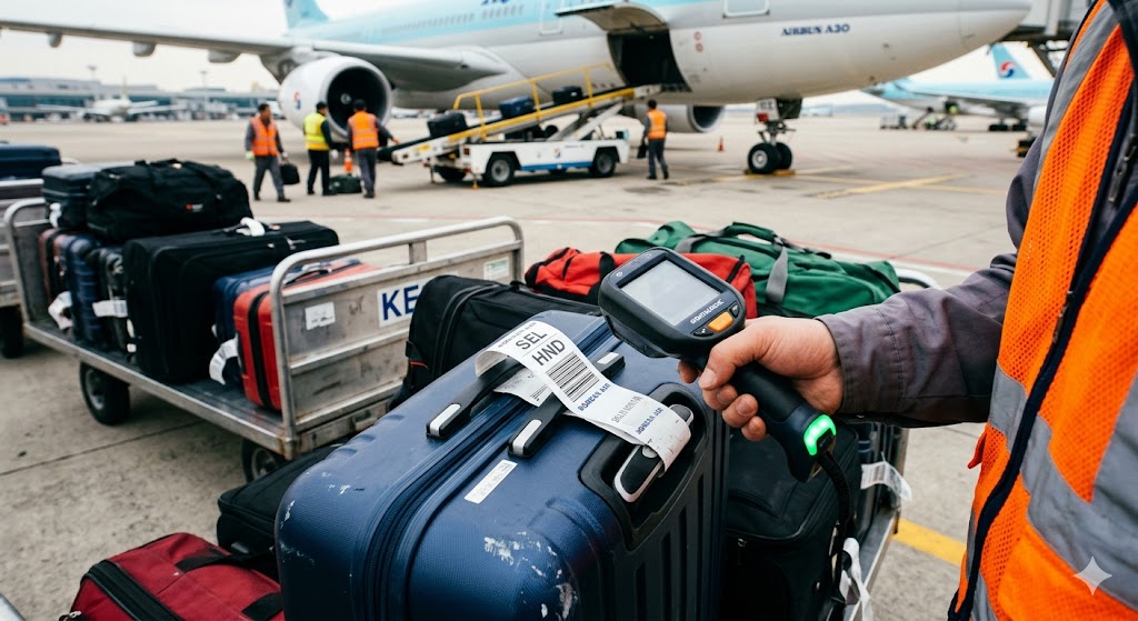 Ground handler scanning baggage tag at aircraft to prevent lost luggage through accurate baggage reconciliation