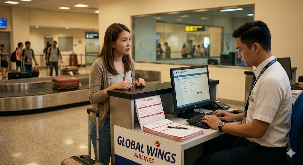 Passenger filing Property Irregularity Report PIR at airline lost luggage desk for delayed baggage claim