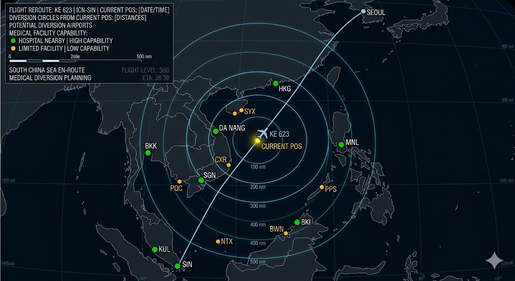 Data visualization showing flight route with potential diversion airports highlighted by distance and medical facility capability for medical emergency on plane
