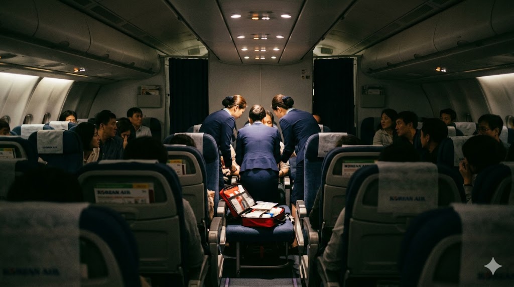 Cabin crew responding to medical emergency on plane in aircraft aisle with emergency medical kit visible