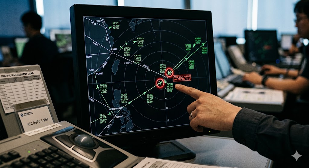 ATC radar screen showing aircraft separation distances and conflict alert for midair collision prevention in controlled airspace