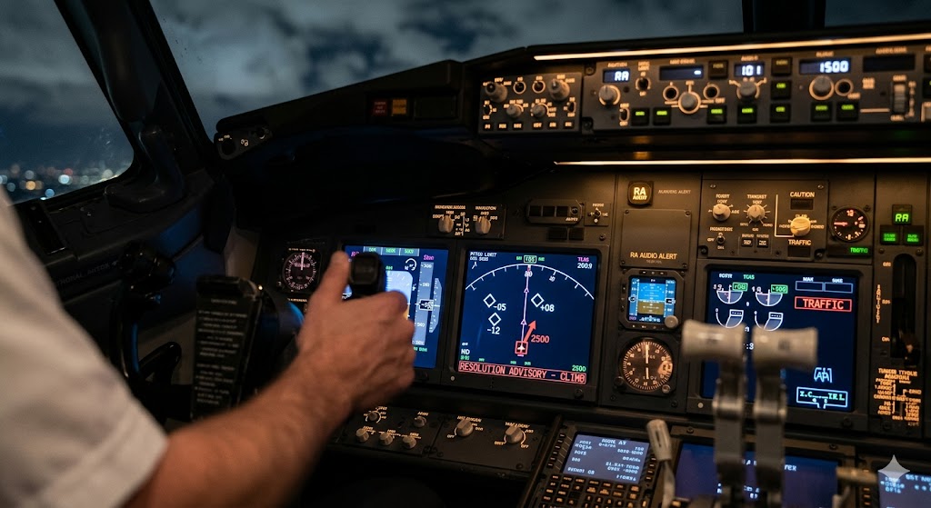 Aircraft cockpit TCAS display showing Resolution Advisory warning for potential midair collision threat with traffic symbols
