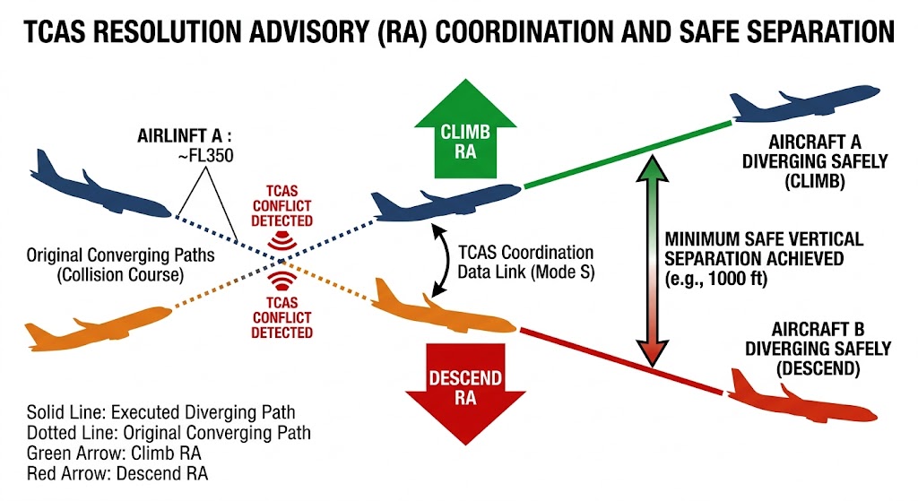 Technical diagram showing coordinated TCAS Resolution Advisory maneuvers with one aircraft climbing and one descending to prevent midair collision