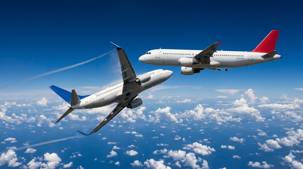 Two commercial aircraft at close range with one banking sharply away in a TCAS resolution advisory evasive maneuver to prevent midair collision