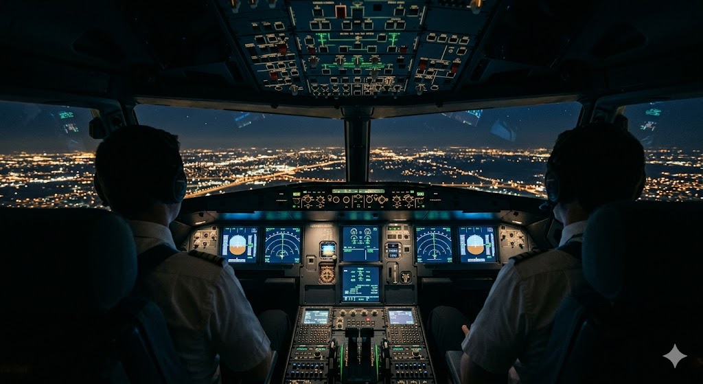 Modern glass cockpit at night during cruise with instruments glowing and city lights through windscreen during night flights
