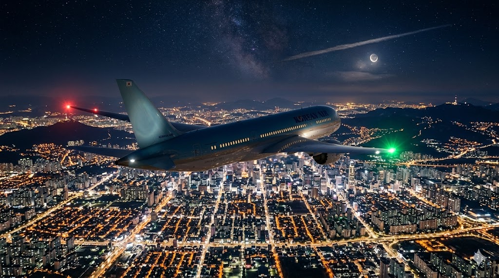 Commercial aircraft flying at night above city lights with navigation lights visible, showing the beauty and safety of night flights