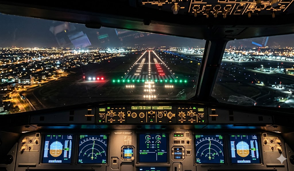 Cockpit view of night landing approach with brilliant runway approach lights and PAPI glide path guidance during night flights
