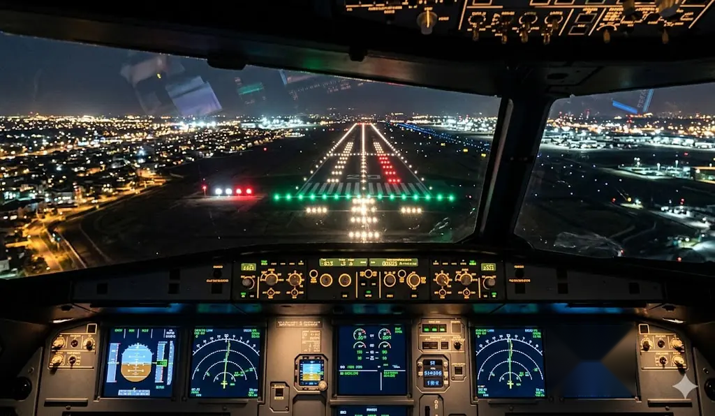 Cockpit view of night landing approach with brilliant runway approach lights and PAPI glide path guidance during night flights