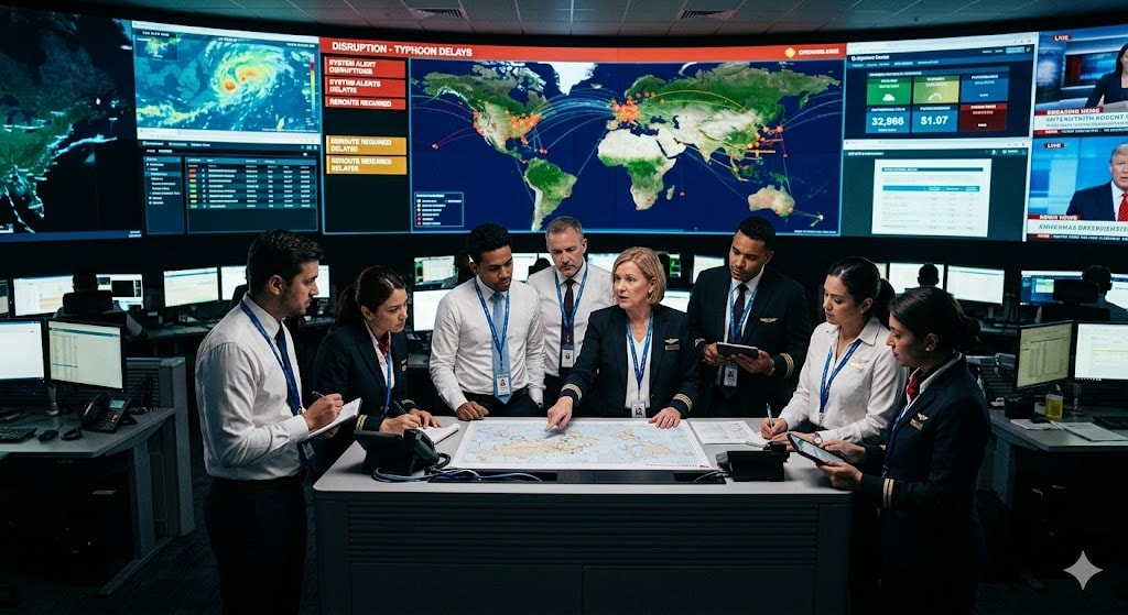 Airline Operations Control Center during disruption with dispatchers and managers deliberating flight cancellation decisions around central desk