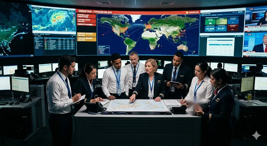 Airline Operations Control Center during disruption with dispatchers and managers deliberating flight cancellation decisions around central desk