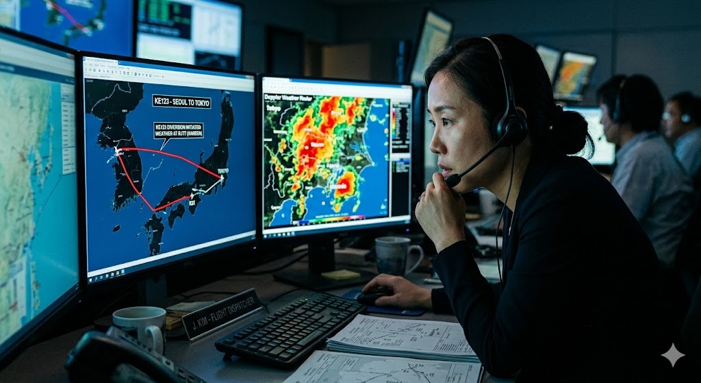 Flight dispatcher in Operations Control Center making urgent diversion decision with flight tracking and weather radar on monitors