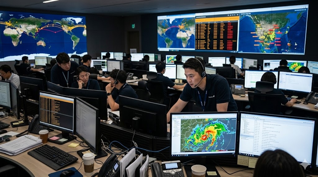 Flight dispatchers working intensely in Operations Control Center managing multiple delayed flights on screen displays