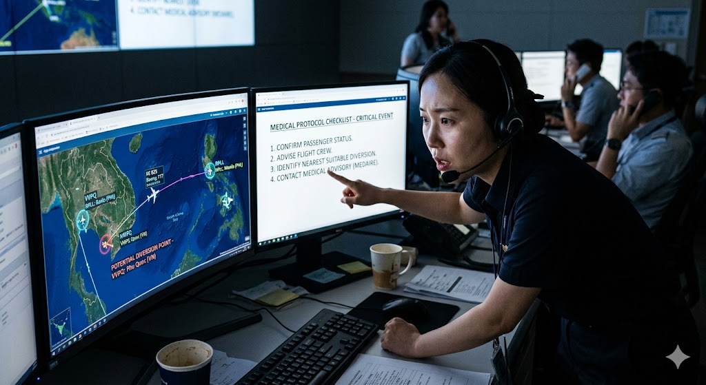 Flight dispatcher urgently working at OCC monitors showing diversion airports during medical emergency on plane response