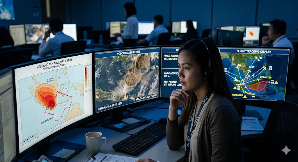 Flight dispatcher monitoring volcanic ash advisory charts and rerouted aircraft on OCC screens during Indonesian eruption