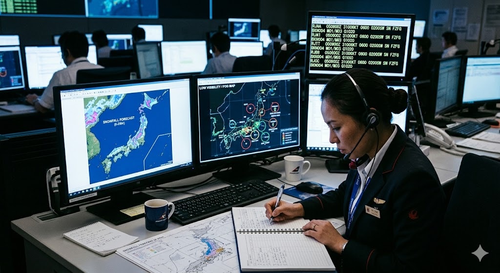 Flight dispatcher in OCC monitoring winter weather charts with snowfall forecasts and visibility data over Japan