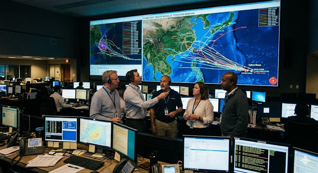 Flight dispatchers studying typhoon forecast models on large OCC screens showing projected storm tracks across East Asia