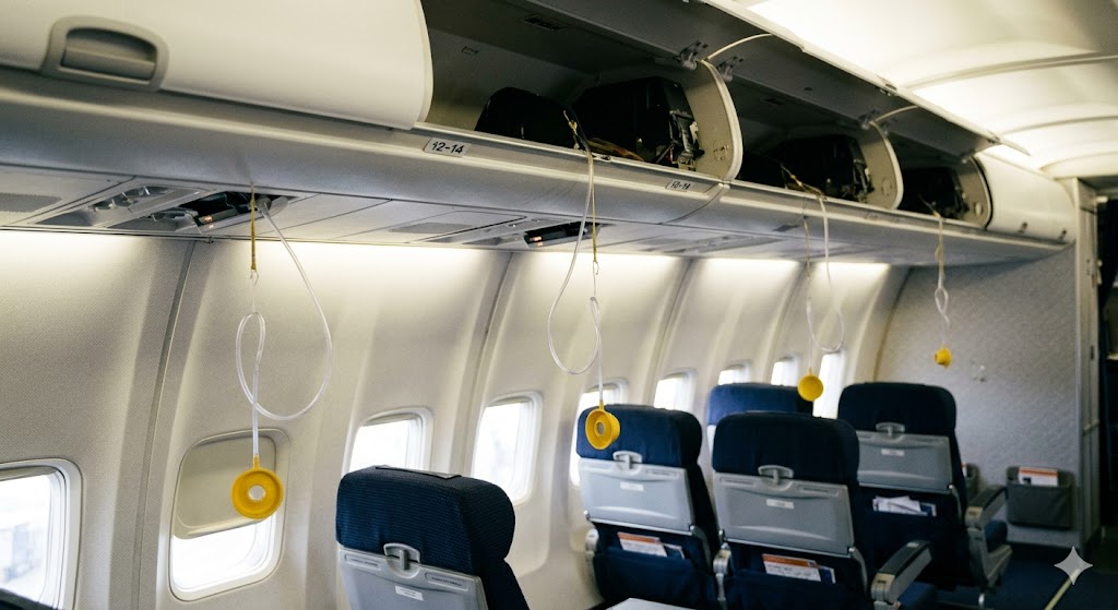 Deployed oxygen masks hanging from overhead panel in aircraft cabin during cabin pressure loss event