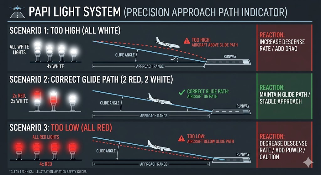 PAPI approach path indicator diagram showing correct glide path guidance for night flights landing with red and white light combinations
