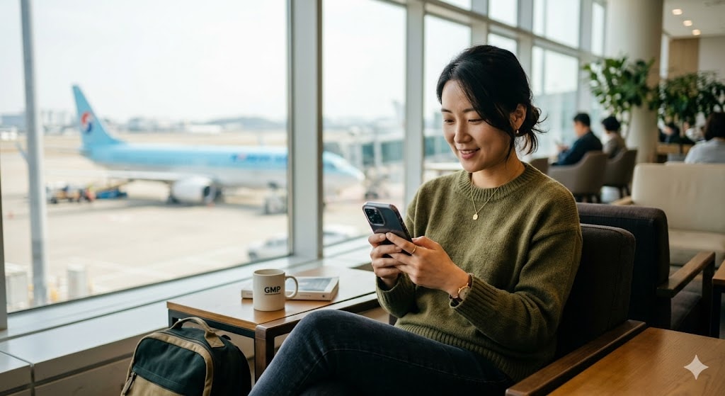 Traveler in airport lounge checking flight status on smartphone app showing departure time and gate information