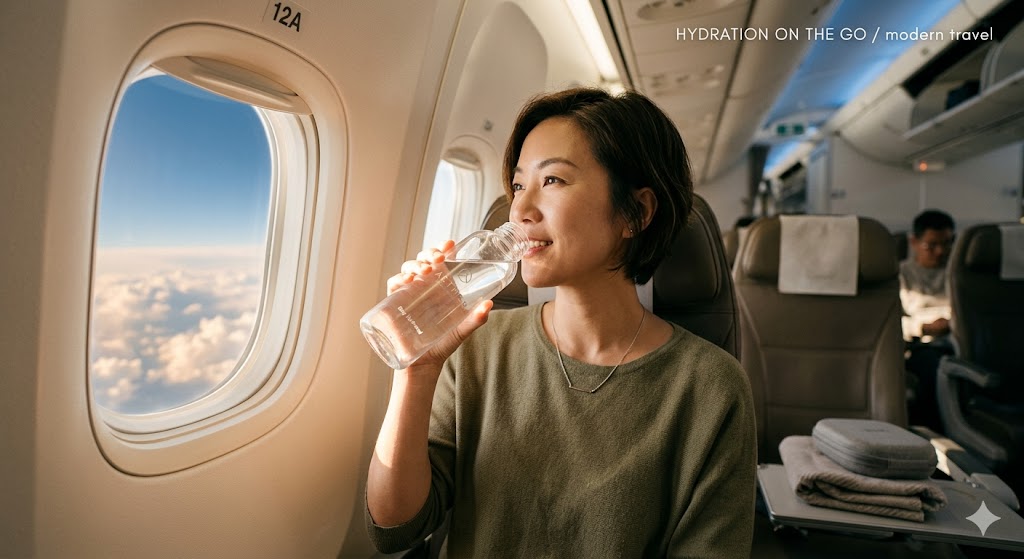 Relaxed passenger drinking water on commercial aircraft to counter dehydration from cabin pressure airplane dry air environment