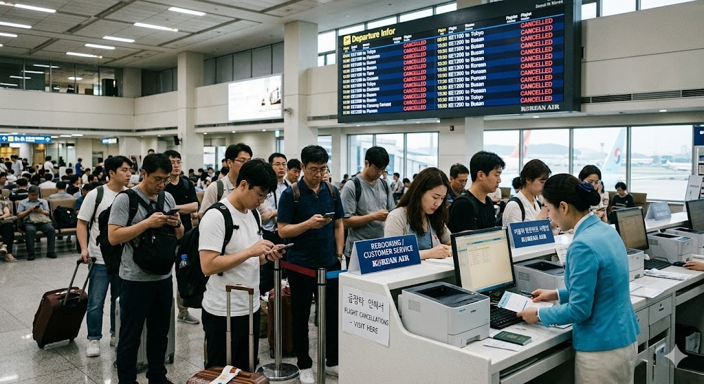 Passengers queuing at airline rebooking counter after flight cancellation with departure board showing cancelled flights in background