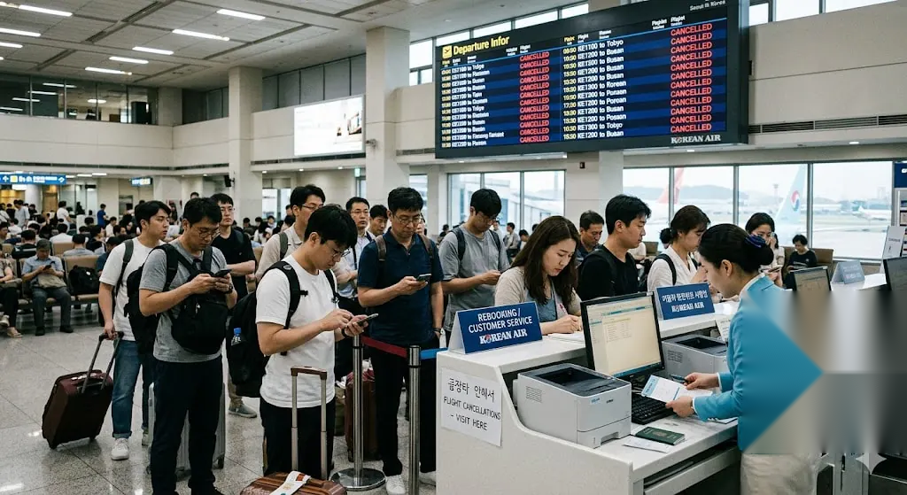 Passengers queuing at airline rebooking counter after flight cancellation with departure board showing cancelled flights in background