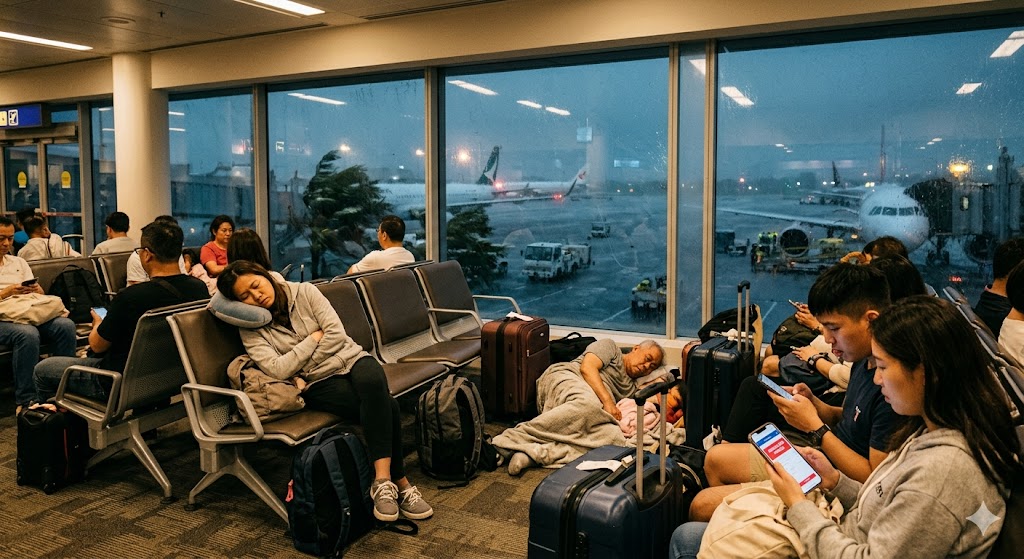 Travelers waiting in airport terminal during typhoon with heavy rain and grounded aircraft visible through windows