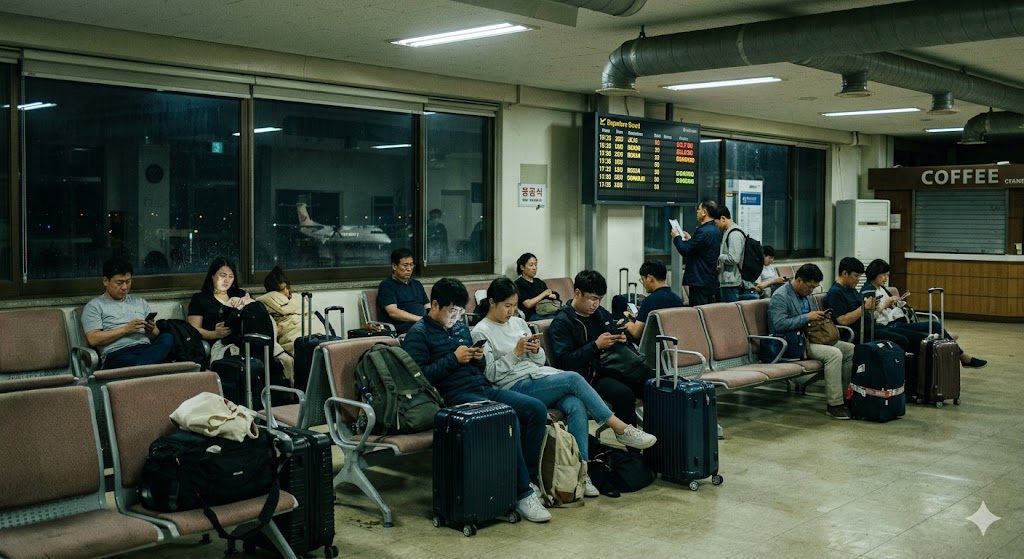 Travelers waiting in small regional airport terminal at night after flight diversion, checking phones with luggage around seats