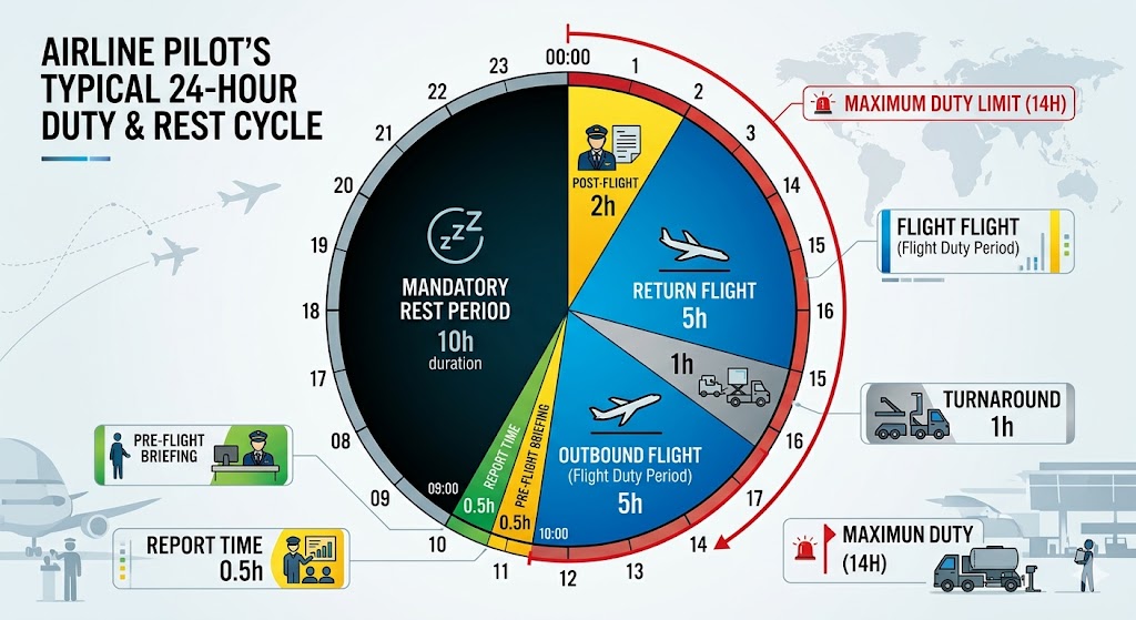 Infographic showing 24-hour pilot duty time clock with flight duty period, rest requirements, and maximum limit marked at 14 hours
