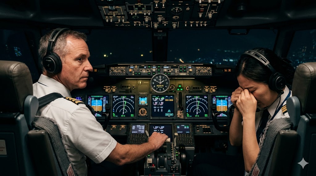 Airline pilots in cockpit during late night operations showing pilot duty time fatigue tension between duty demands and human limits
