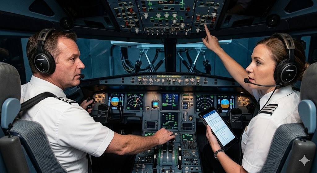 Two pilots practicing engine failure scenario in full-motion flight simulator with asymmetric thrust indicators on instruments