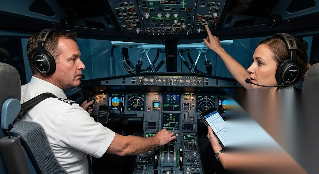 Two pilots practicing engine failure scenario in full-motion flight simulator with asymmetric thrust indicators on instruments