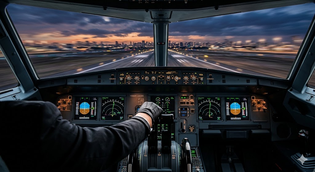 Pilot's hand on thrust levers during manual takeoff, demonstrating that airplane autopilot does not handle this critical phase