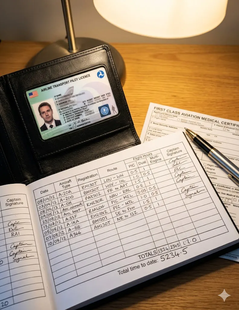 ATPL airline transport pilot licence and pilot logbook showing accumulated flight hours from pilot training