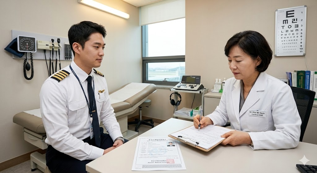 Pilot undergoing Class 1 aviation medical examination required for pilot training and licence maintenance