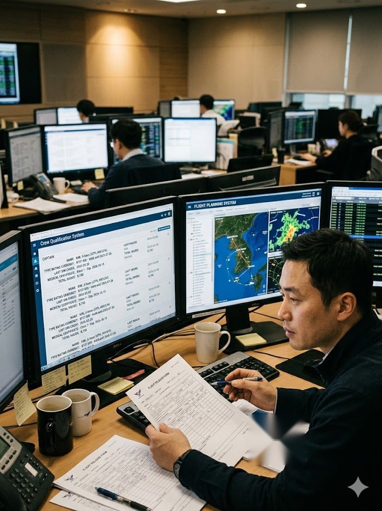 Flight dispatcher at OCC verifying pilot training qualifications and crew certifications before flight release