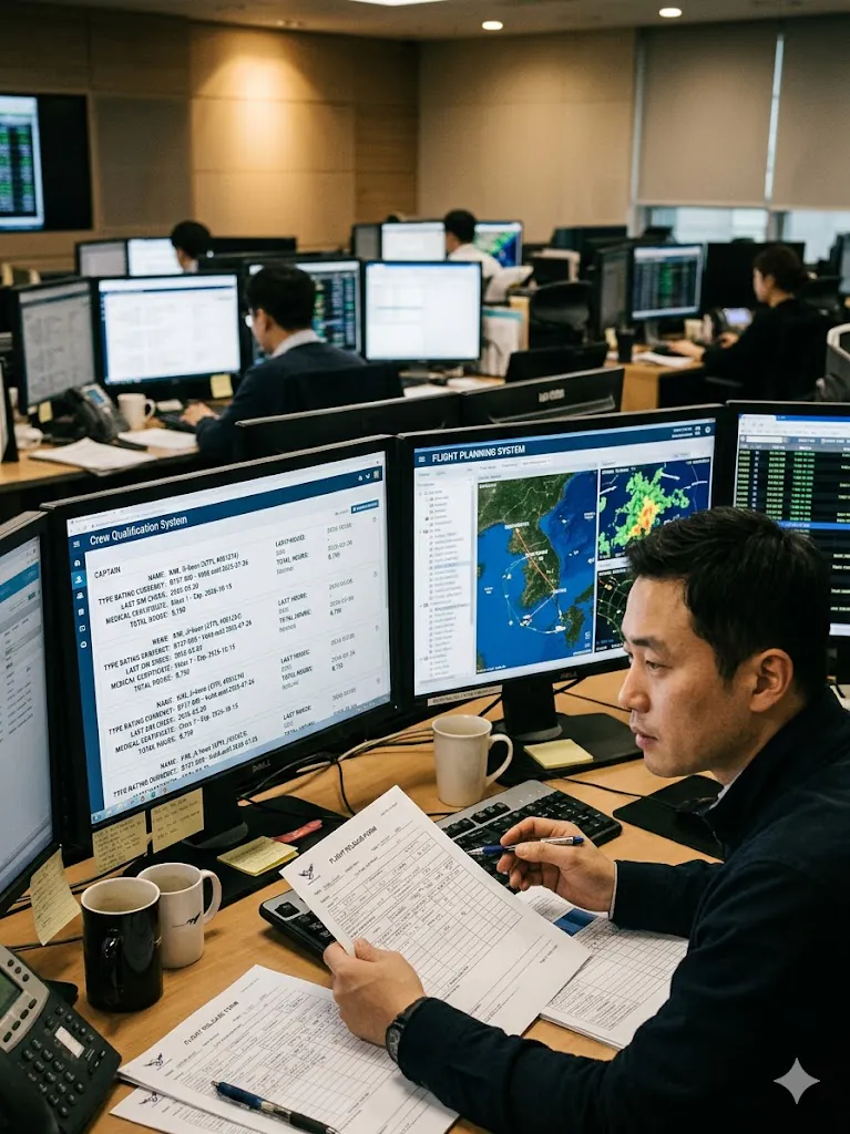 Flight dispatcher at OCC verifying pilot training qualifications and crew certifications before flight release